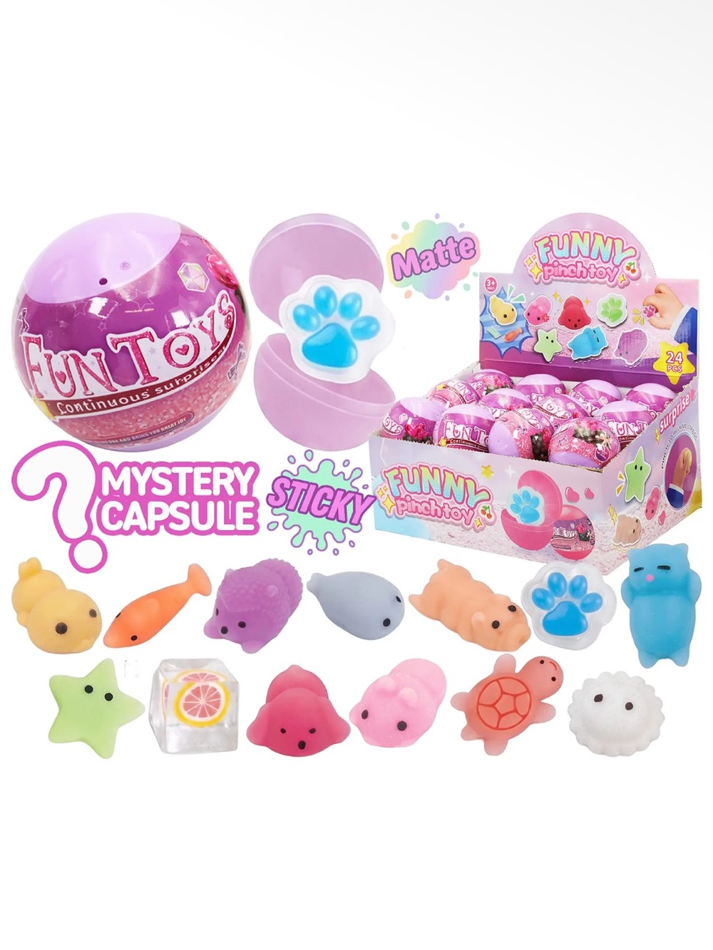 Mystery Sticky Capsule Assorted Squishy Animals - Pink 24pcs